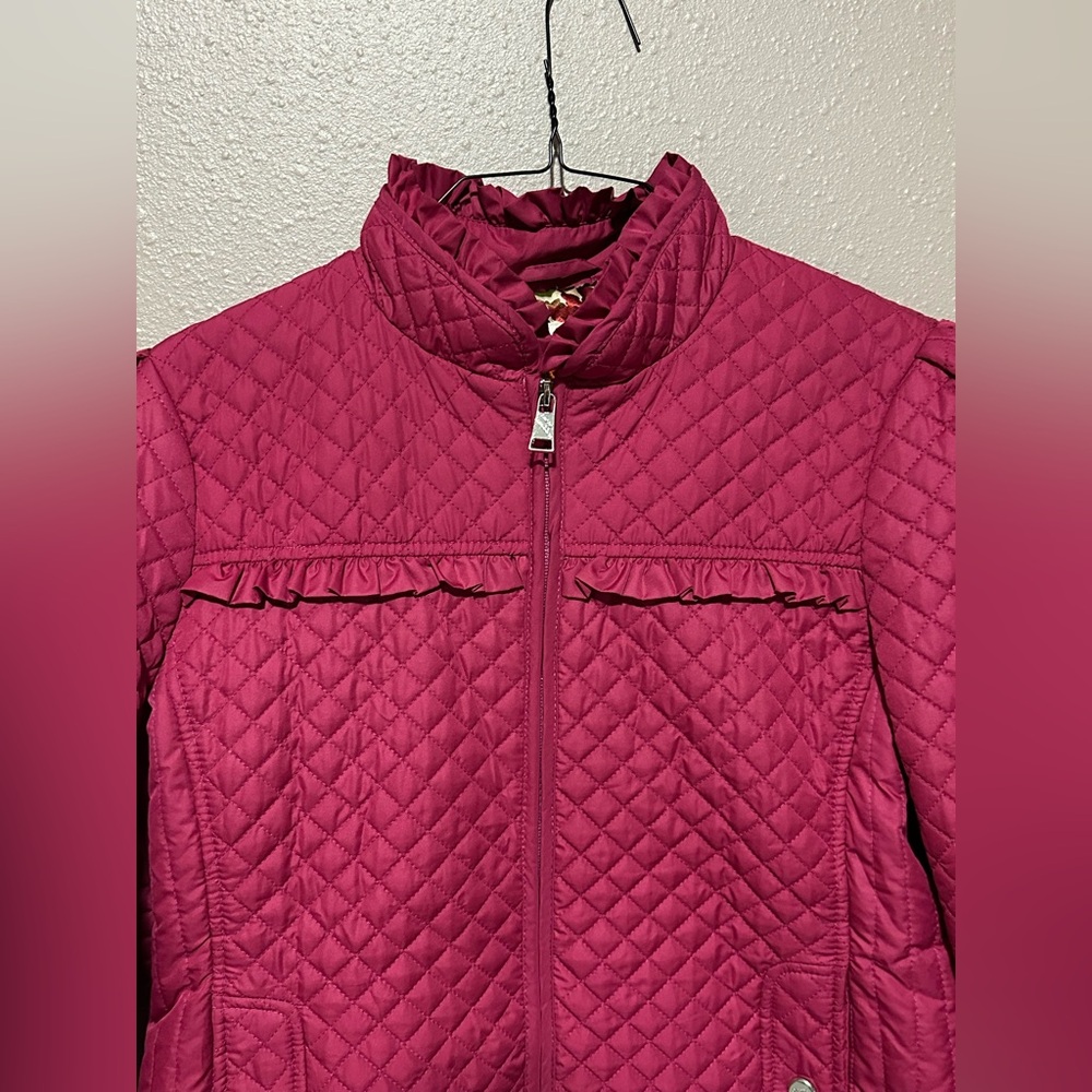 Steve Madden WM L Pink Quilted Jacket Light Weight Coat Ruffle Trim